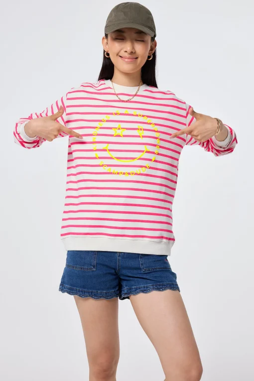 Women Scamp & Dude Ivory with Neon Pink Stripe and Smiley Face Oversized Sweatshirt