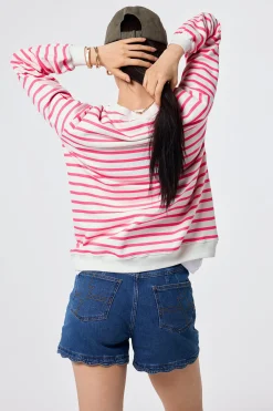 Women Scamp & Dude Ivory with Neon Pink Stripe and Smiley Face Oversized Sweatshirt