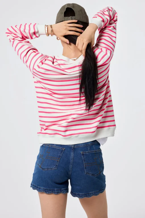 Women Scamp & Dude Ivory with Neon Pink Stripe and Smiley Face Oversized Sweatshirt