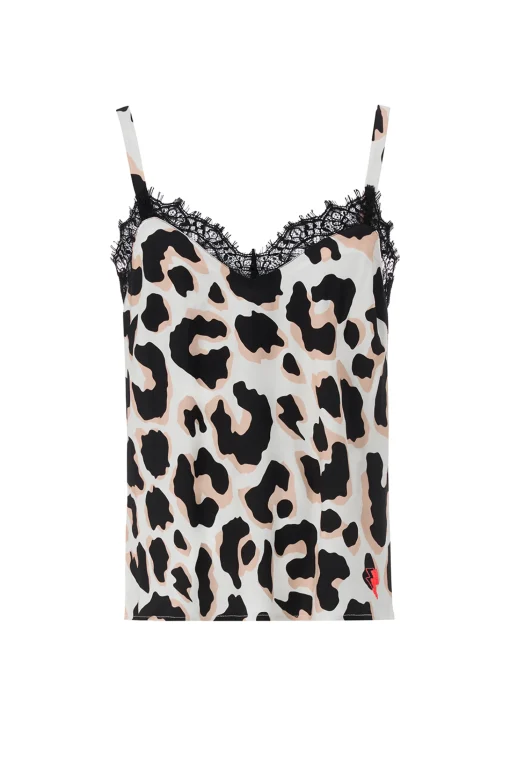 Women Scamp & Dude Ivory with Neutral and Black Mega Shadow Leopard Lace Trim Cami Top