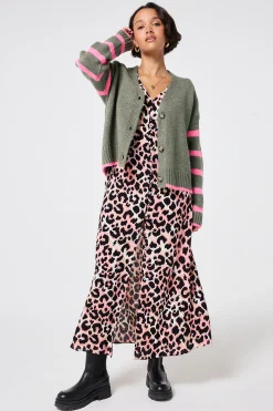 Women Scamp & Dude Khaki and Pink Stripe Cardigan
