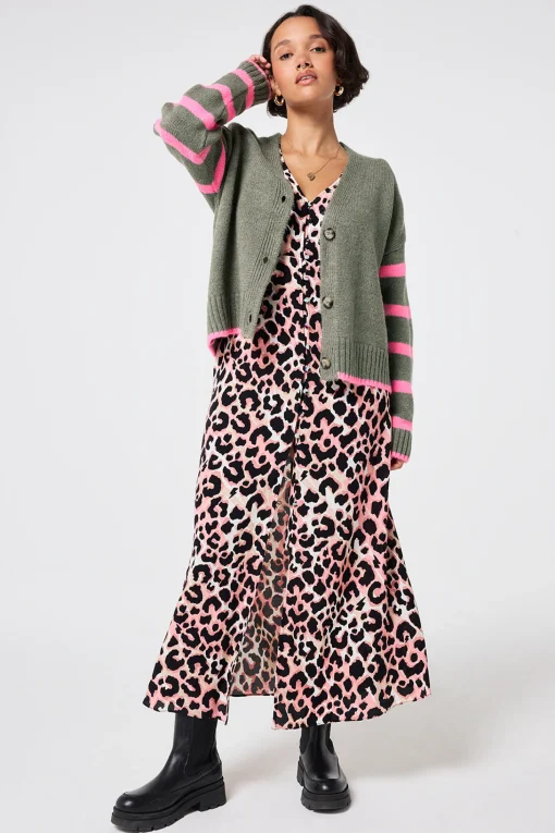 Women Scamp & Dude Khaki and Pink Stripe Cardigan