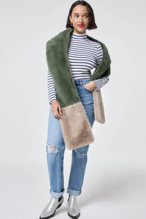 Women Scamp & Dude Khaki and Taupe Colour Block Faux Fur Scarf