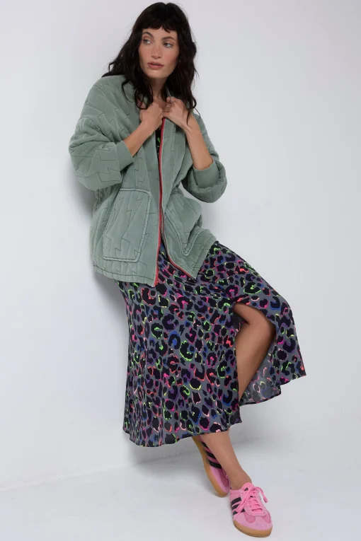 Women Scamp & Dude Khaki Organic Cotton Quilted Lightning Bolt Oversized Bomber Jacket