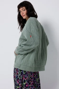 Women Scamp & Dude Khaki Organic Cotton Quilted Lightning Bolt Oversized Bomber Jacket