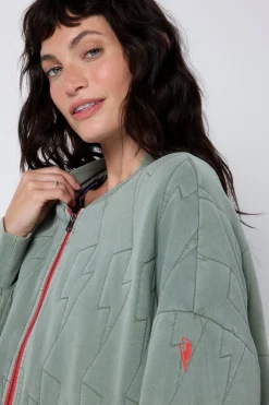 Women Scamp & Dude Khaki Organic Cotton Quilted Lightning Bolt Oversized Bomber Jacket