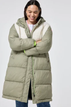 Women Scamp & Dude Khaki Quilted with Borg Longline Puffer Coat