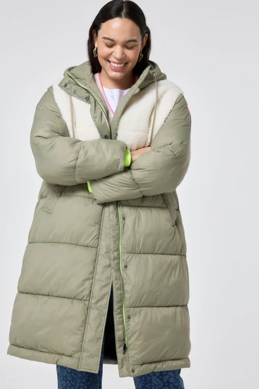 Women Scamp & Dude Khaki Quilted with Borg Longline Puffer Coat