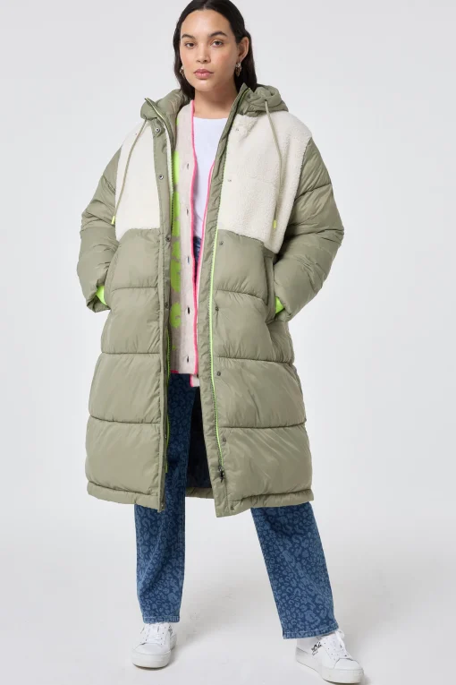 Women Scamp & Dude Khaki Quilted with Borg Longline Puffer Coat