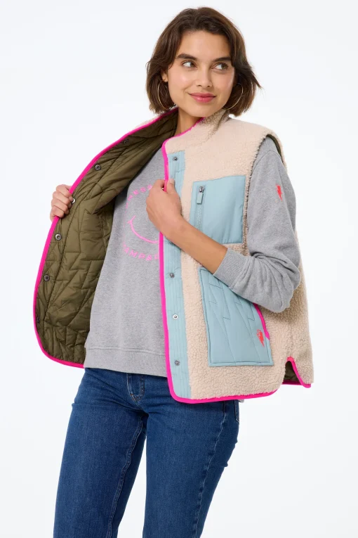 Women Scamp & Dude Khaki Reversible Quilted Lightning Bolt with Borg Gilet