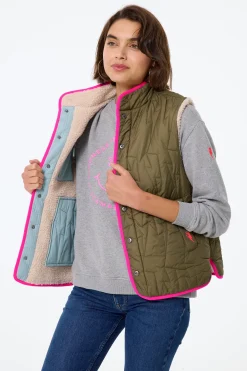 Women Scamp & Dude Khaki Reversible Quilted Lightning Bolt with Borg Gilet