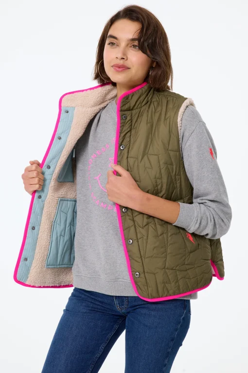 Women Scamp & Dude Khaki Reversible Quilted Lightning Bolt with Borg Gilet