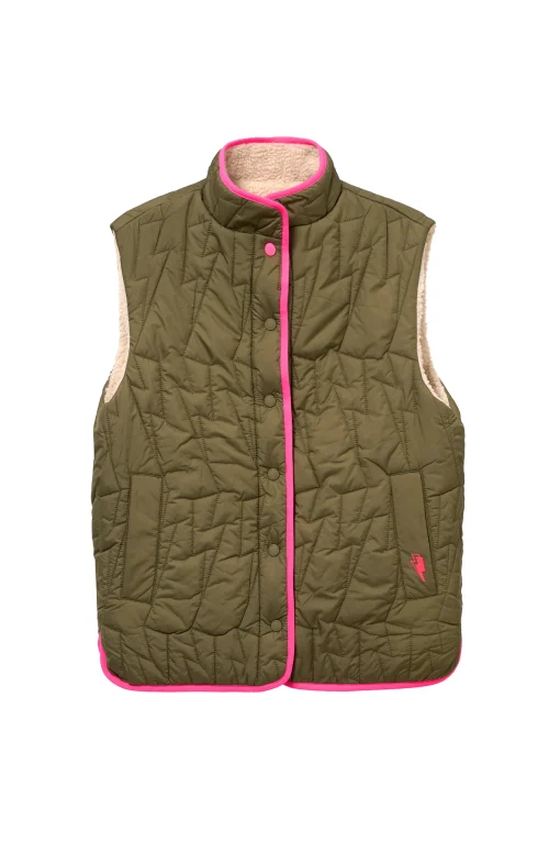 Women Scamp & Dude Khaki Reversible Quilted Lightning Bolt with Borg Gilet