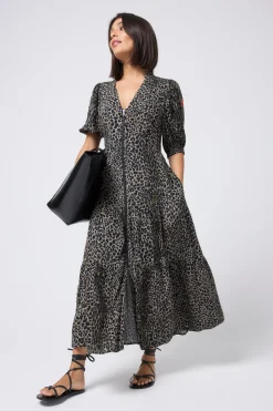Women Scamp & Dude Khaki with Black Wild Leopard Zip Detail Tiered Midi Dress