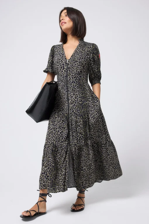 Women Scamp & Dude Khaki with Black Wild Leopard Zip Detail Tiered Midi Dress