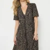 Women Scamp & Dude Khaki with Black Wild Leopard Zip Detail Tiered Short Dress