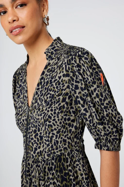Women Scamp & Dude Khaki with Black Wild Leopard Zip Detail Tiered Short Dress
