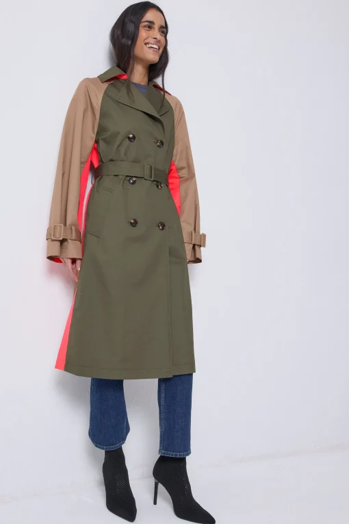 Women Scamp & Dude Khaki with Camel and Coral Colourblock Trench Coat