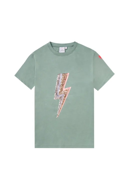 Women Scamp & Dude Khaki with Multi Coloured Sequin and Foil Lightning Bolt T-Shirt