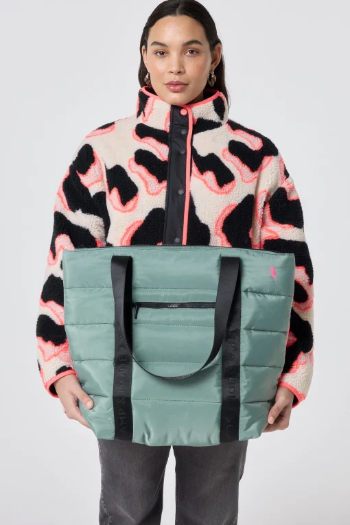 Women Scamp & Dude Khaki with Neon Coral Puffer Tote Bag