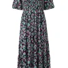 Women Scamp & Dude Khaki with Pink and Black Mega Leopard Shirred Puff Sleeve Midi Dress