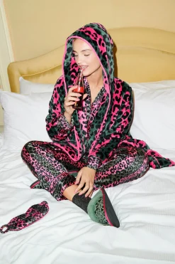 Women Scamp & Dude Khaki with Pink Stripe and Leopard Satin Pyjamas