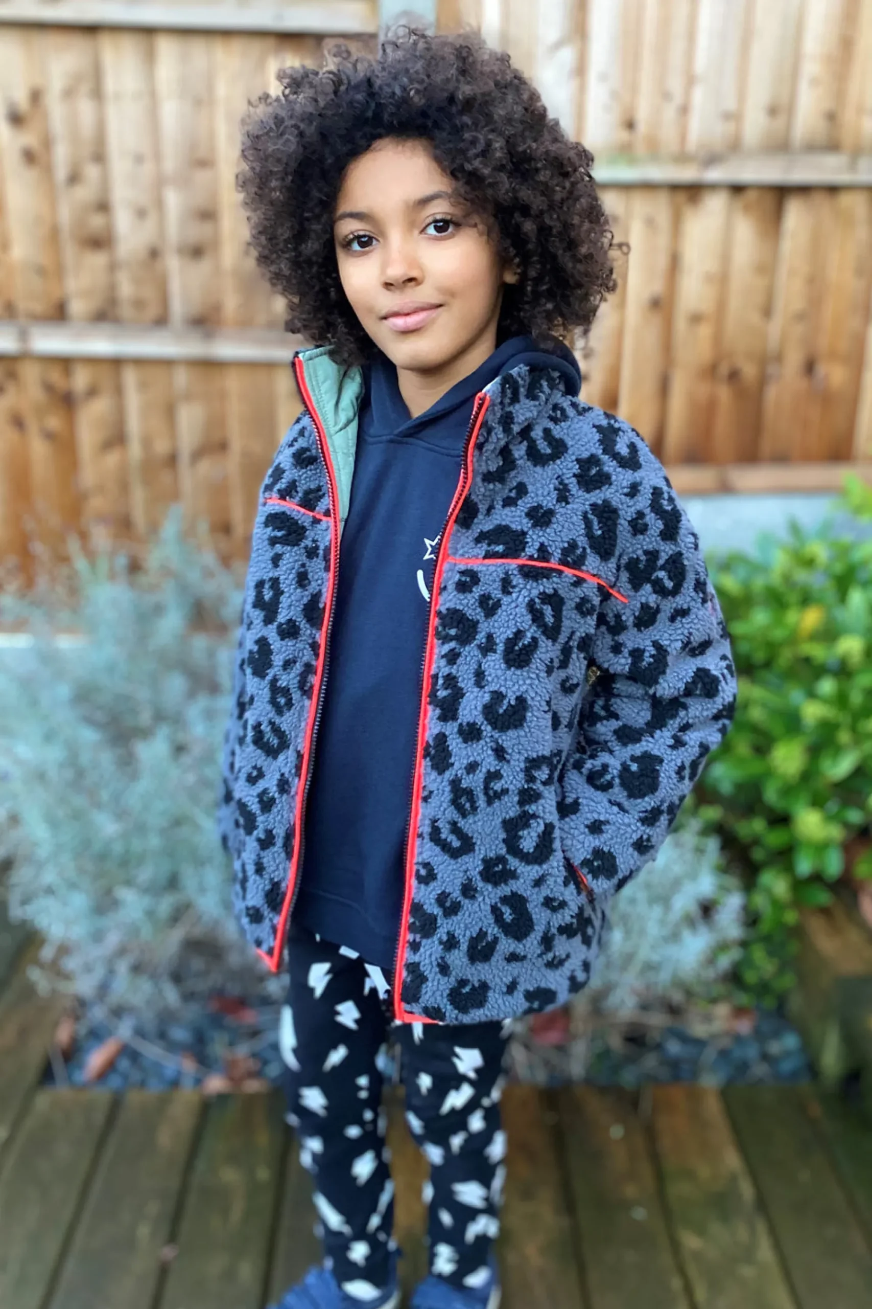 Women Scamp & Dude Kids Reversible Quilted Khaki Lightning Bolt and Leopard Borg Coat