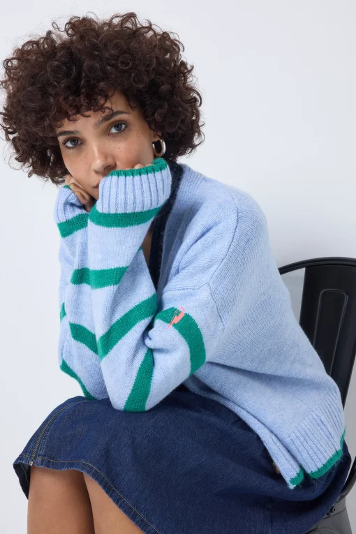 Women Scamp & Dude Light Blue and Green Stripe Cardigan