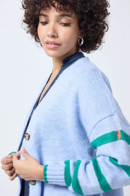 Women Scamp & Dude Light Blue and Green Stripe Cardigan