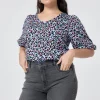 Women Scamp & Dude Light Blue with Rainbow Shadow Leopard V-Neck Puff Sleeve T-Shirt
