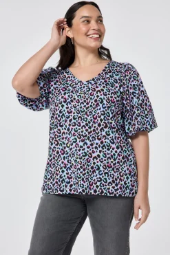 Women Scamp & Dude Light Blue with Rainbow Shadow Leopard V-Neck Puff Sleeve T-Shirt