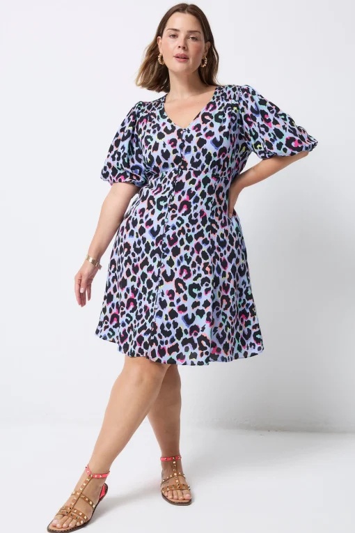 Women Scamp & Dude Light Blue with Rainbow Shadow Leopard Short Tea Dress