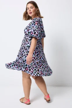 Women Scamp & Dude Light Blue with Rainbow Shadow Leopard Short Tea Dress