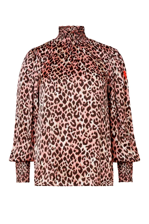 Women Scamp & Dude Mixed Neutral with Black Small Shadow Leopard High Neck Shirred Blouse