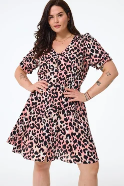 Women Scamp & Dude Mixed Neutral with Black Shadow Leopard Short Tea Dress