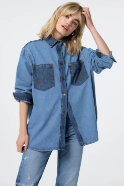 Women Scamp & Dude Mixed Wash Indigo Oversized Denim Shirt