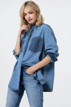 Women Scamp & Dude Mixed Wash Indigo Oversized Denim Shirt