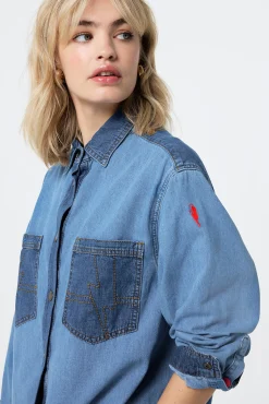 Women Scamp & Dude Mixed Wash Indigo Oversized Denim Shirt