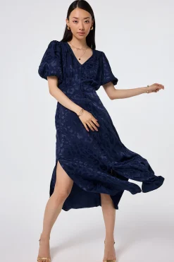 Women Scamp & Dude Navy Jacquard Leopard Puff Sleeve Midi Tea Dress