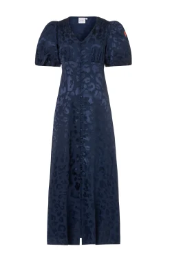 Women Scamp & Dude Navy Jacquard Leopard Puff Sleeve Midi Tea Dress