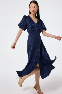Women Scamp & Dude Navy Jacquard Leopard Puff Sleeve Midi Tea Dress