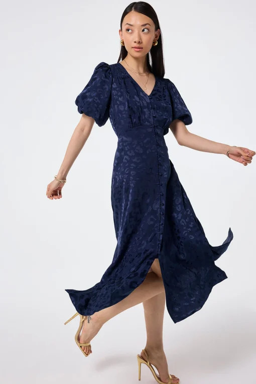 Women Scamp & Dude Navy Jacquard Leopard Puff Sleeve Midi Tea Dress