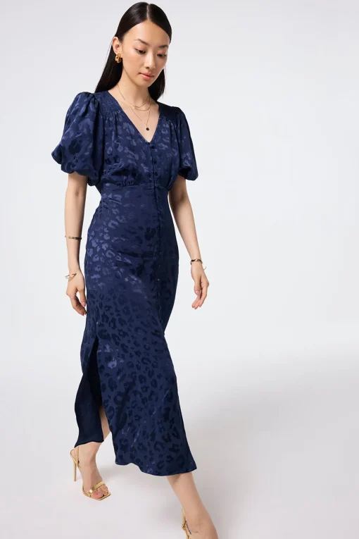 Women Scamp & Dude Navy Jacquard Leopard Puff Sleeve Midi Tea Dress