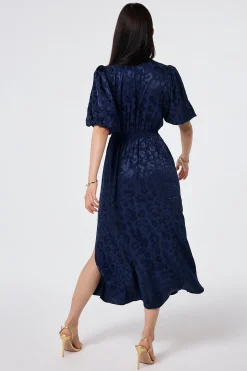 Women Scamp & Dude Navy Jacquard Leopard Puff Sleeve Midi Tea Dress