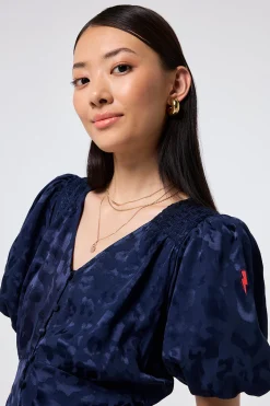 Women Scamp & Dude Navy Jacquard Leopard Puff Sleeve Midi Tea Dress