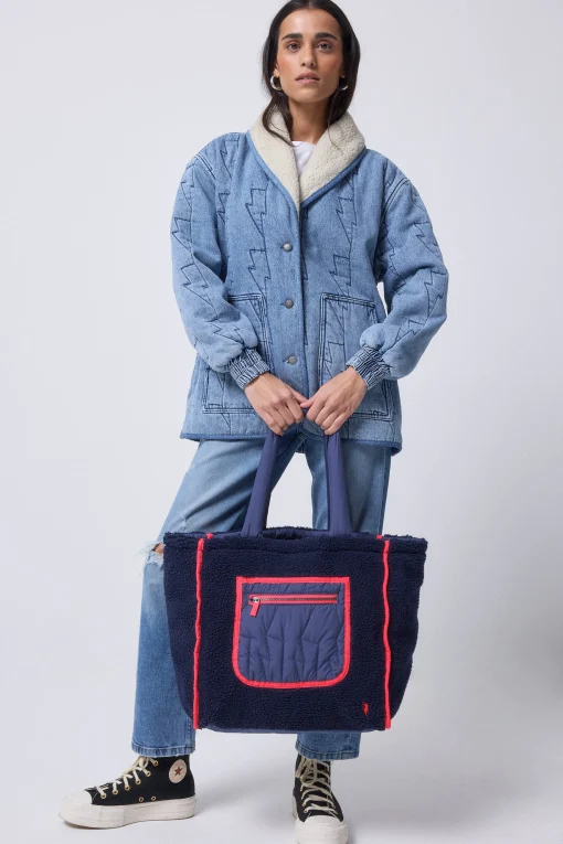 Women Scamp & Dude Navy Reversible Quilted Lightning Bolt with Borg Tote Bag