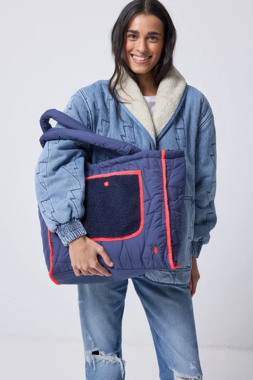 Women Scamp & Dude Navy Reversible Quilted Lightning Bolt with Borg Tote Bag