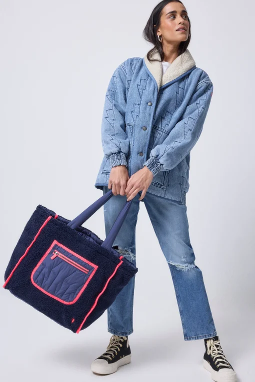 Women Scamp & Dude Navy Reversible Quilted Lightning Bolt with Borg Tote Bag