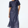 Women Scamp & Dude Navy Sequin Puff Sleeve Midi Dress
