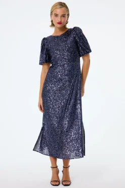 Women Scamp & Dude Navy Sequin Puff Sleeve Midi Dress